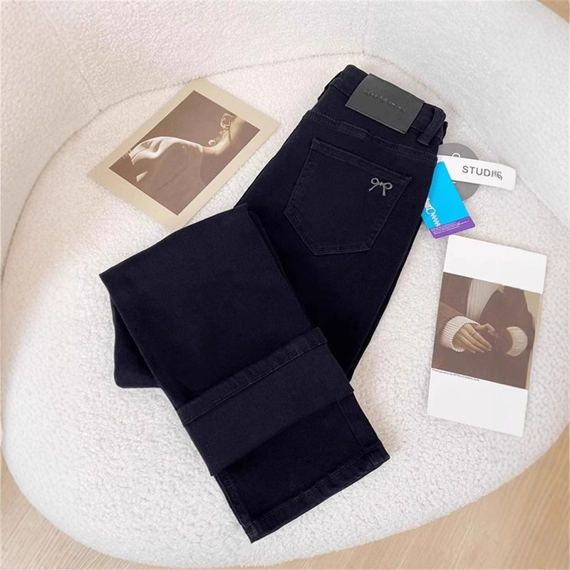 Black Straight-Leg Jeans Women's Spring and Summer plus size Slim-Fit Slimming Stretch Cropped Pants Black Straight-Leg Jeans Women's Spring and Summer plus size Slim-Fit Slimming Stretch Cropped Pants