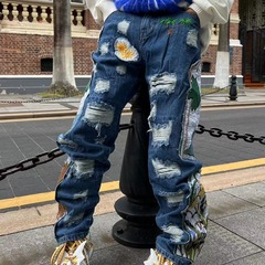 アメリカ街頭重工刺繍布直筒ジーンズ男女高街潮牌ヒップホップゆるいズボン対外貿易