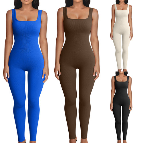 European and American Style Multi-Color Sexy Sleeveless Yoga Jumpsuit for Women, Square Neckline Tummy Control Hip-Lifting High Elastic One-Piece Bodysuit