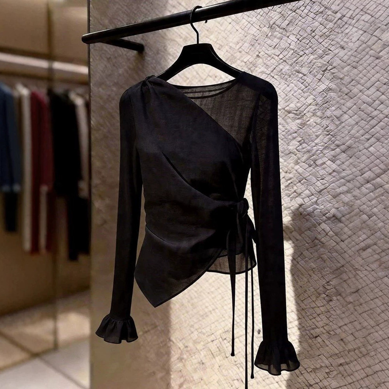 French-Style Light Luxury Design Black Waist-Cinching Long-Sleeve Women's 2026 Summer New V-Neck Tie-Up Sheer Fashion Top French-Style Light Luxury Design Black Waist-Cinching Long-Sleeve Women's 2026 Summer New V-Neck Tie-Up Sheer Fashion Top