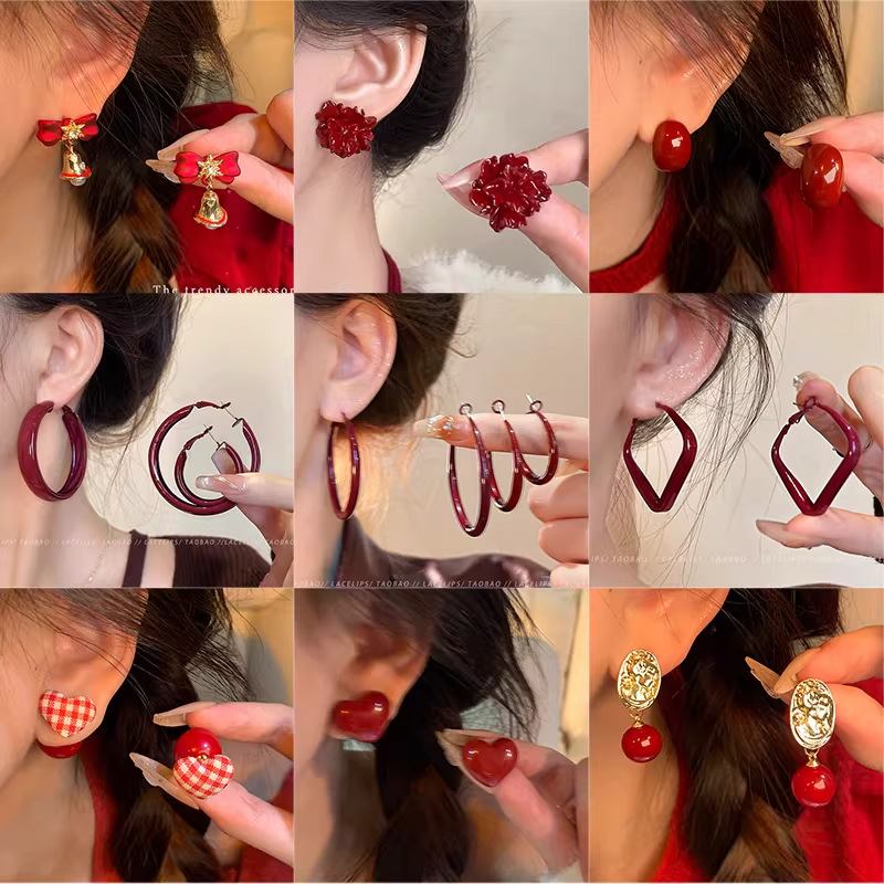 Anchorro aretes rojos 2026 explosión lujoso ligero alto sentido nuevo aretes de estilo de Hong Kong aretes rojos retro aretes para mujeres image 3