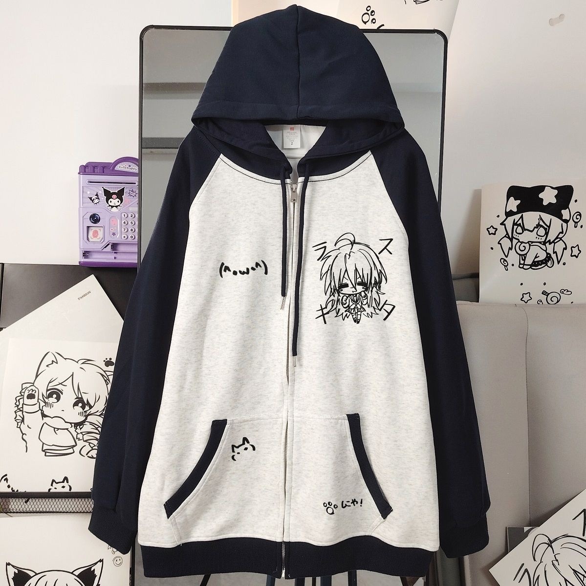 Japanese style 2026 new soft girl otaku style anime spring and autumn color blocking loose versatile hooded subculture jacket top