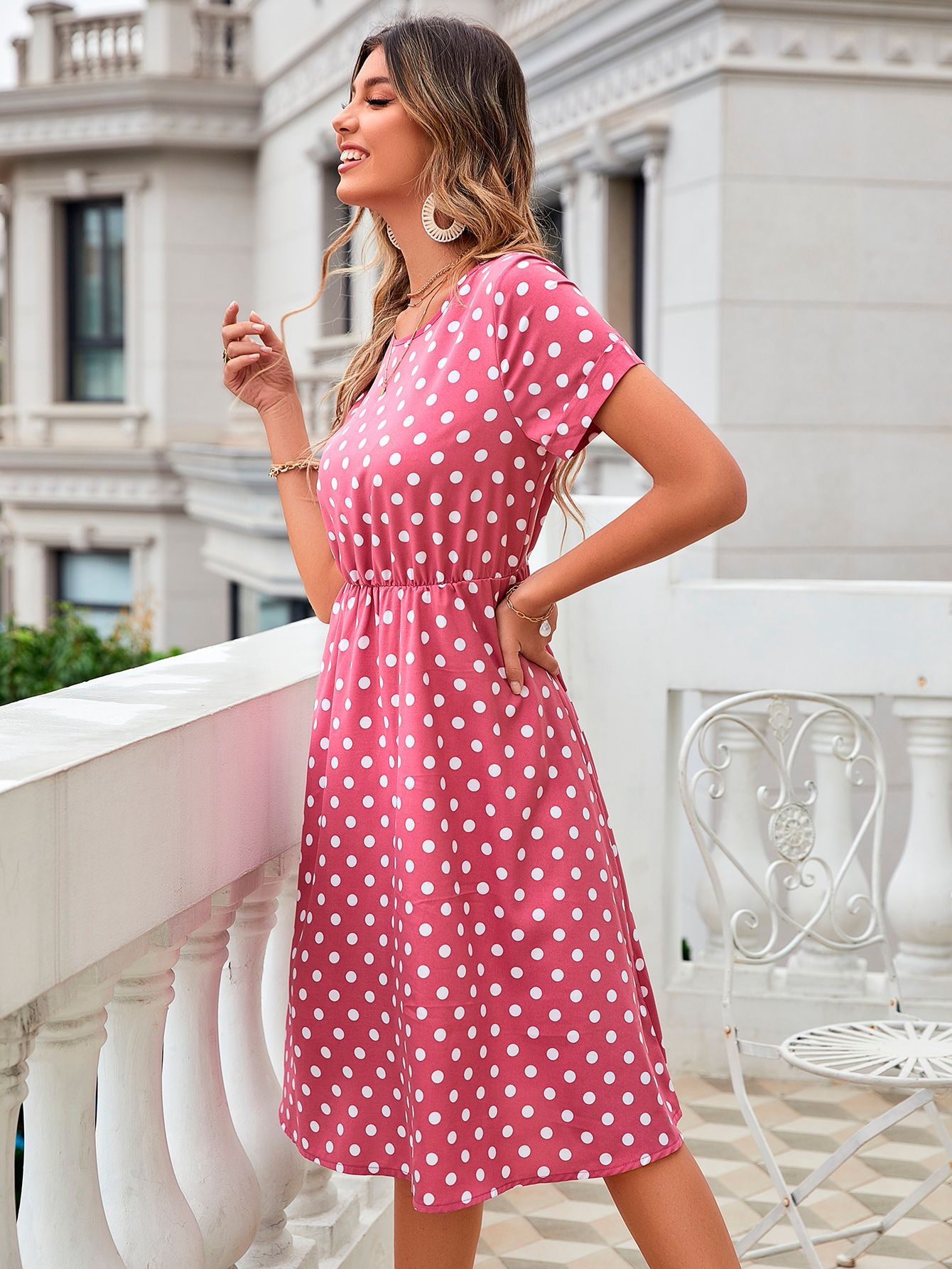 Women Clothing Comfortable Vacation Casual Chiffon Polka Dots Slimming Dress