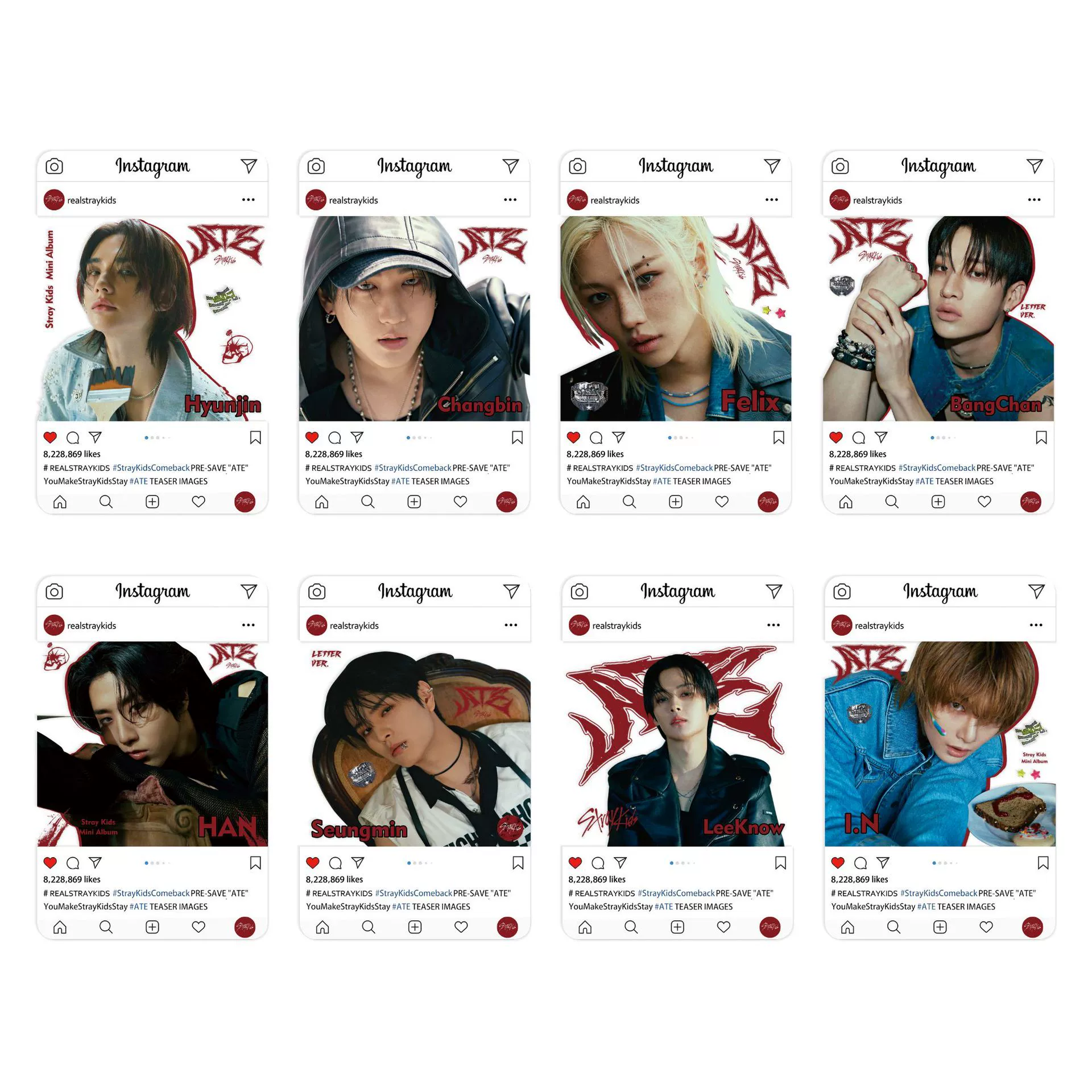 Прозрачный набор фотокарт из ПВХ (StrayKids), 8 карточек, 8.5×5.3 см, упакованы по отдельности в OPP