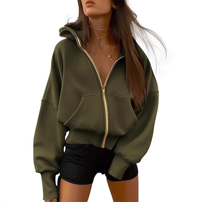 Amazon Women's Zip-Up Hooded Long-Sleeve Cropped Sweatshirt New Hooded Sweatshirt 2025 Fashionable Autumn and Winter Clothing