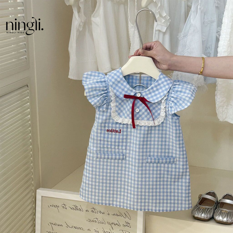 Lime Children's Wear 25 Summer New Baby's Lace Blue Plaid Flying Sleeve dress Korean Lace Doll Dress