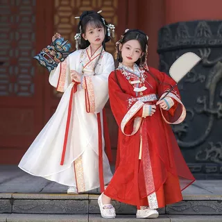 汉服女童战国袍春秋款儿童红色交领直裾袍女孩超仙古装国风演出服