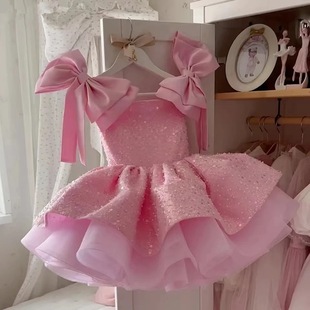 Pink Flower Girl Dress Wedding Sequin Bow Knee Length Cute Princess Birthday Party Princess Dress