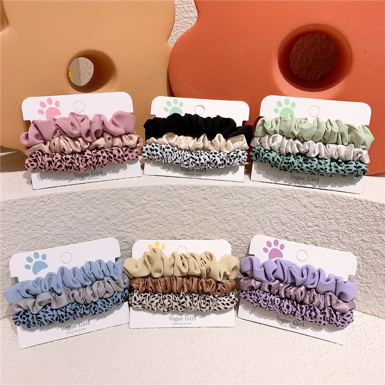 3條裝韓版簡約布藝豹紋發圈少女純色大腸發圈頭繩兒童扎馬尾發繩