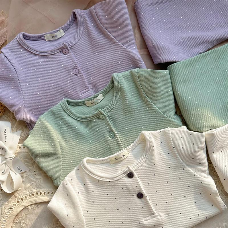 Stretch soft children's suit, comfortable polka dot full-print autumn clothes and trousers two-piece set, home clothes