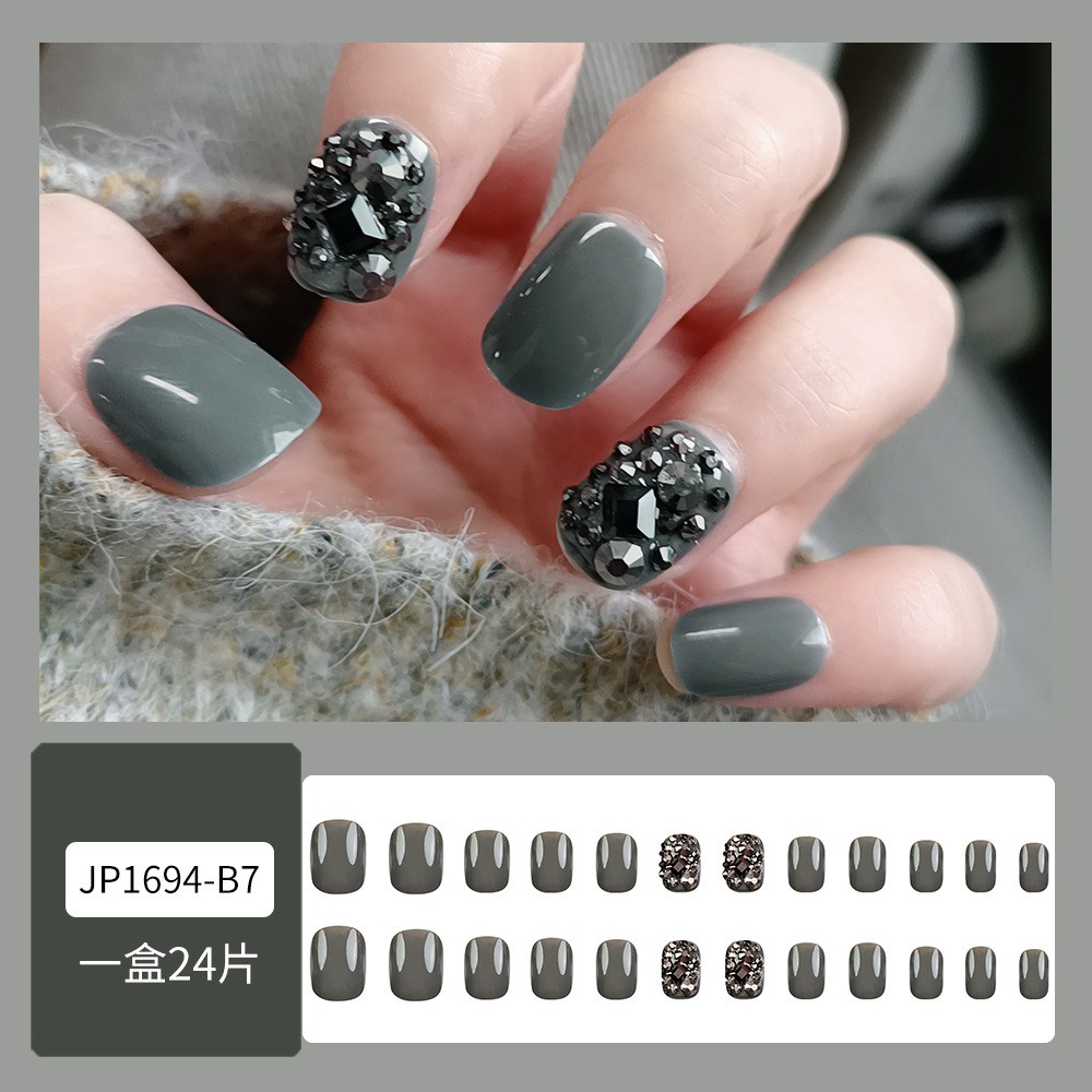 Diamante negro gris, lujo ligero manicure, retrógrado misterioso alto sentido de usar uñas 24 piezas de parche de uñas terminado image 7