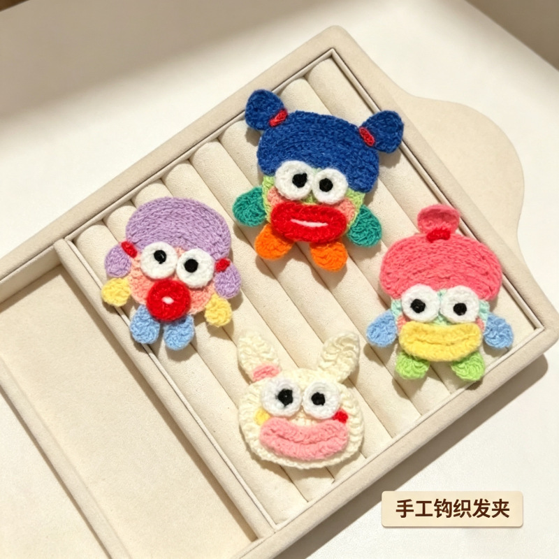 Funny double-braid big-mouth girl woolen hair clip, handmade knitted cartoon BB clip, cute girls' hair accessory, in stock for mixed batch orders
