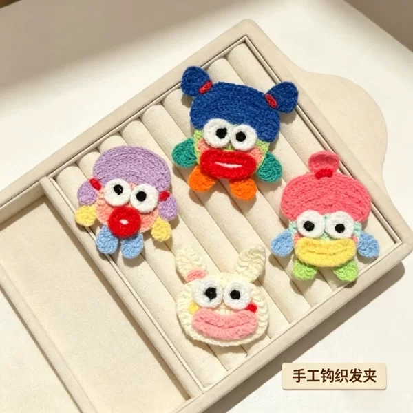 Funny double-braid big-mouth girl woolen hair clip, handmade knitted cartoon BB clip, cute girls' hair accessory, in stock for mixed batch orders