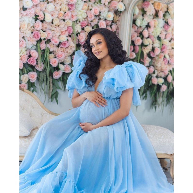light blue Bride Wedding Dress Puff Sleeve Maternity Dress Pregnant Women's Wedding Dress Loose Style Photo Studio Photography Art Photo light blue Bride Wedding Dress Puff Sleeve Maternity Dress Pregnant Women's Wedding Dress Loose Style Photo Studio Photography Art Photo