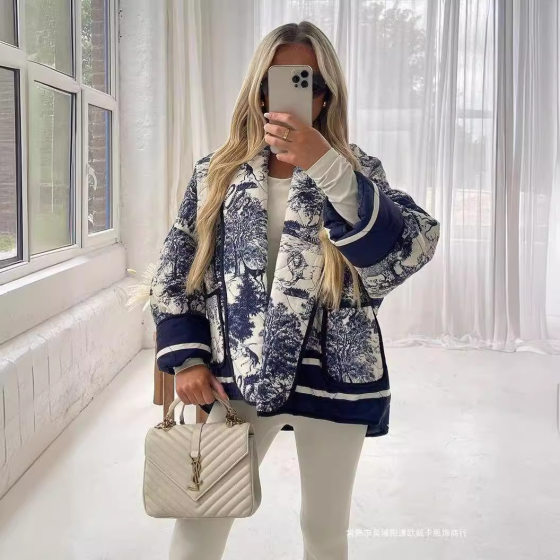 2023 autumn printed double-pocket cotton-padded coat women's AliExpress cotton-padded jacket AA77-69785