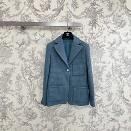 鼎版南油24秋冬款复古气质金属双排扣翻领人字纹收腰毛呢西装外套