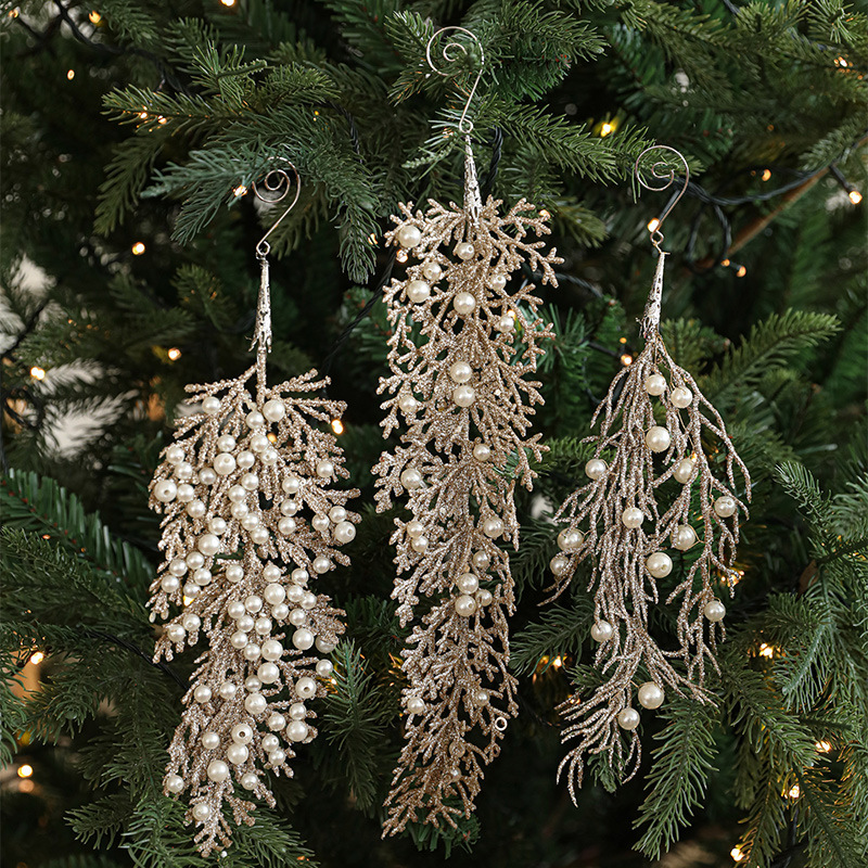 Colgante de color champagne perla de ciprés plástico hojas de Navidad colgante decoración de Navidad colgante