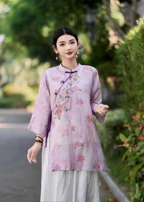 2025夏季新款苎麻七分袖女士刺绣长衫苎麻国风文艺女士中长款T恤|undefined