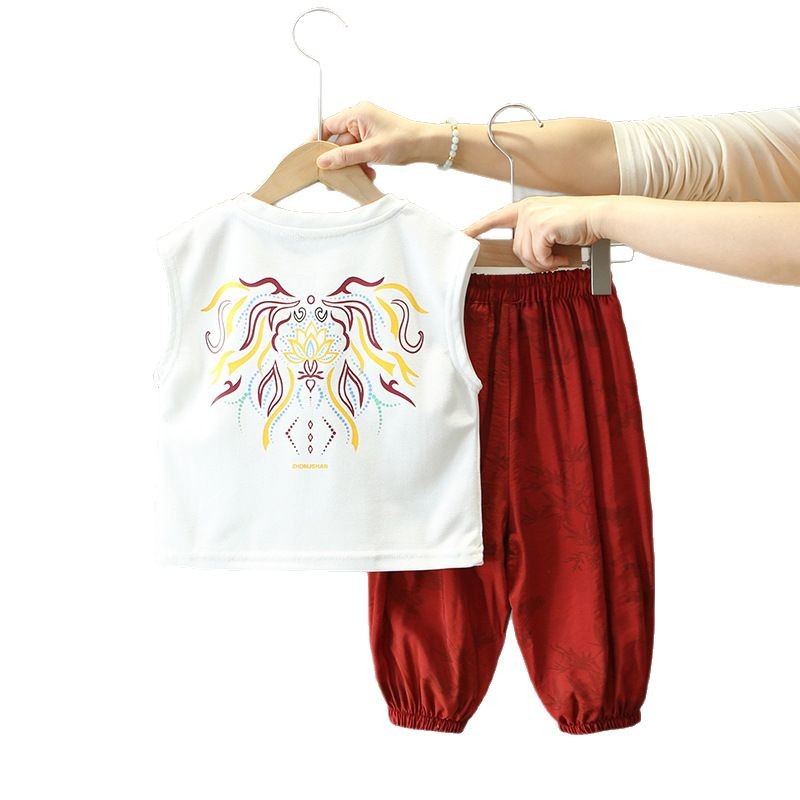 8082 traje de chaleco de verano para niños 2025 nuevo estilo ropa delgada de verano para niños pantalones anti-mosquitos para niños de dos piezas
