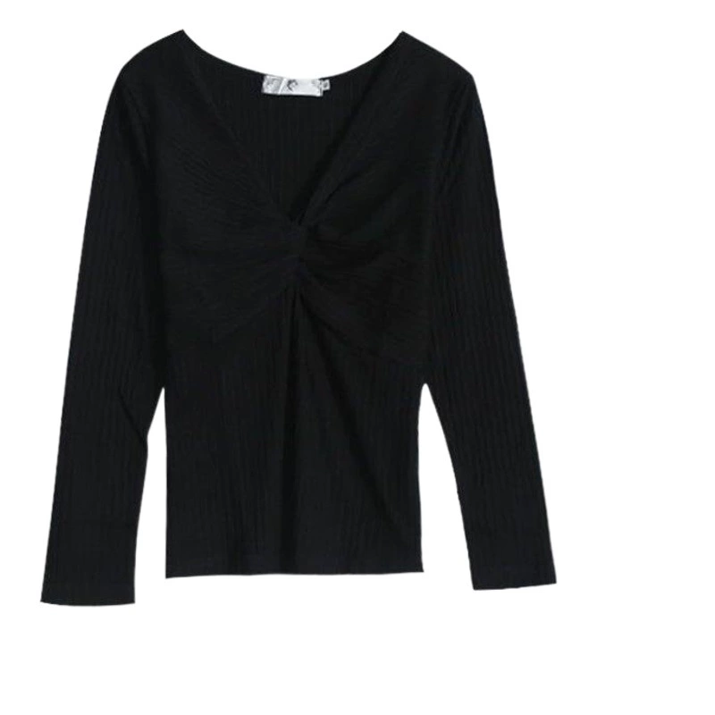 W087 Xuanchen Трикотажный топ с V-образным вырезом и эффектом «твист» для полных женщин, весна 2025, высокоэластичная базовая футболка с длинным рукавом