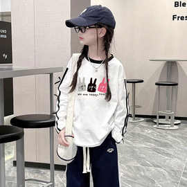 纯棉儿童韩版洋气女孩初高中学生上衣女童条杠长袖T恤春秋休闲潮