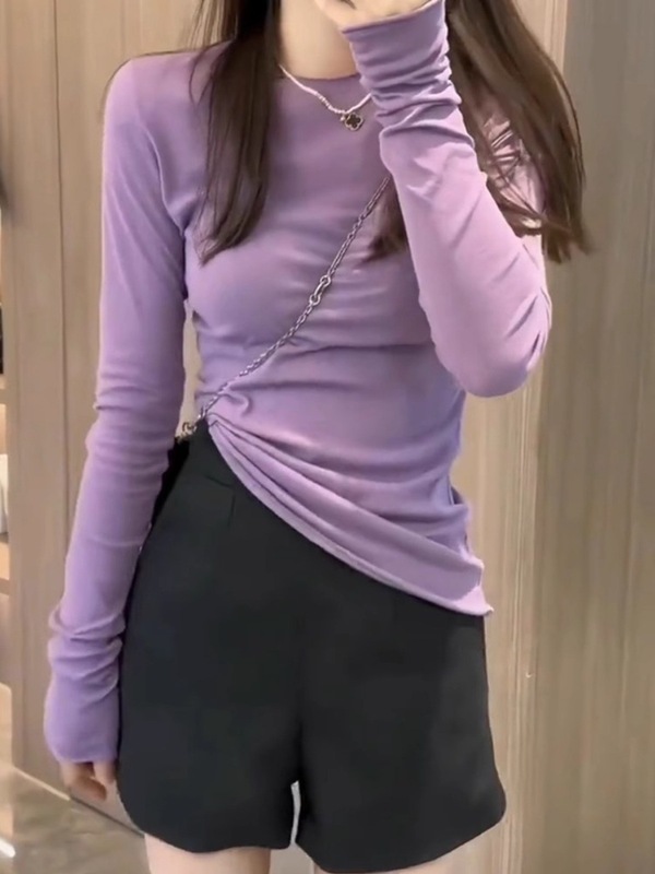 甜美减龄纯色圆领长袖打底衫T恤女秋冬新款时尚百搭修身显瘦上衣|undefined