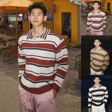 秋冬新款长袖针织衫男复古条纹撞色POLO衫翻领商务潮外贸跨境批发