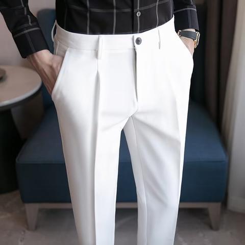 Fashionable Light Luxury Textured Men's Cropped Dress Pants with Drape, Slim Fit, Trendy Korean Style Business Casual Suit Pants