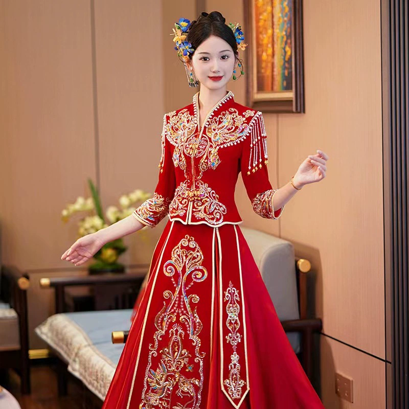 Низкий воротник Xiuhe платье невесты 2023 новый китайский свадебный Дракон и Феникс платье ретро суд Свадебное платье высокого класса тяжелая работа Бархат