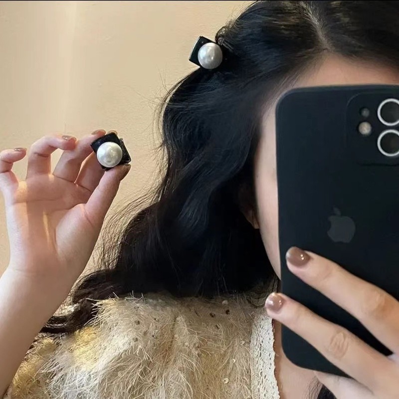 Simple Black Hairpin Female Princess Head Small Grab Clip Retro Pearl Clip High Color Value Bangs Side Hairpin Headwear
