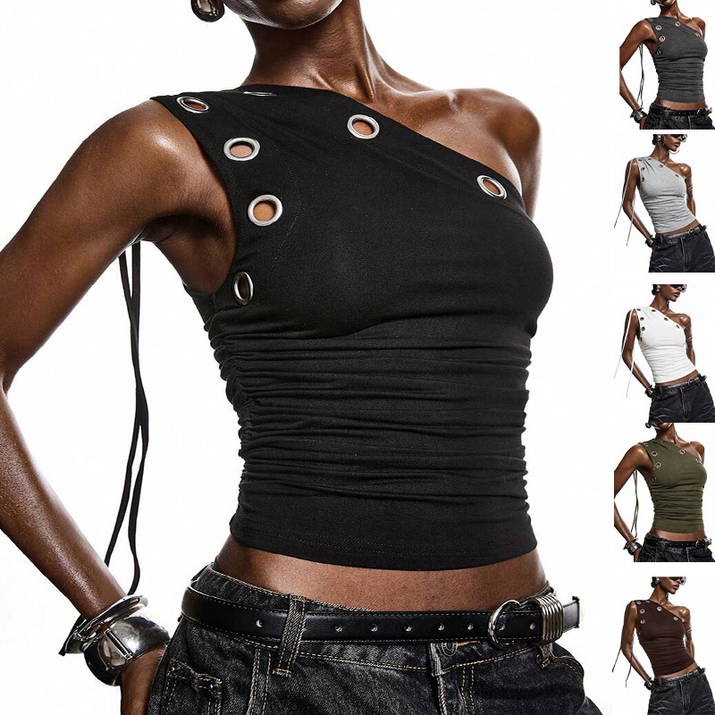 2026 Trendy New Minimalist Spring/Summer Women's Clothing, Y2K Pleated Hollow-Out Design Sleeveless Slim-Fit Short-Sleeve T-Shirt