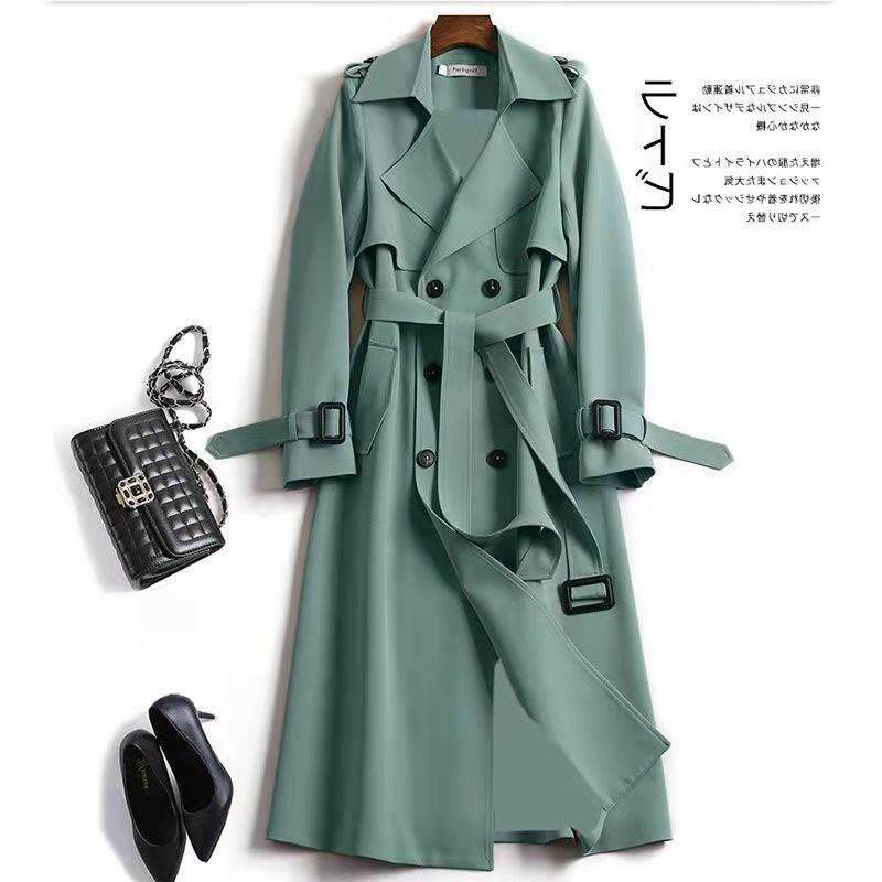 Áo khoác gió nữ dáng trung bình dài qua gối, tay dài, cổ polo, phong cách thanh lịch — Khaki [Lớp lót màu trơn], Lớp lót kẻ sọc kaki, Lớp lót kẻ sọc màu trắng nhạt, Lớp lót kẻ sọc màu xanh hải quân chi tiết 7