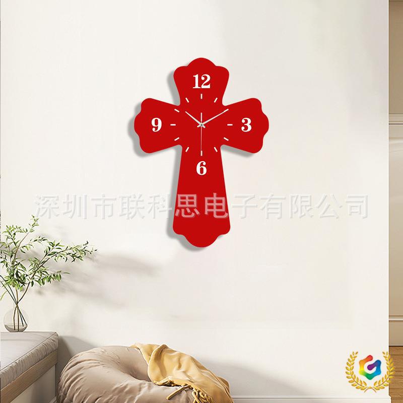 ✅跨境新款花边十字架创意挂钟数字钟表家用装饰壁钟静音亚克力挂
