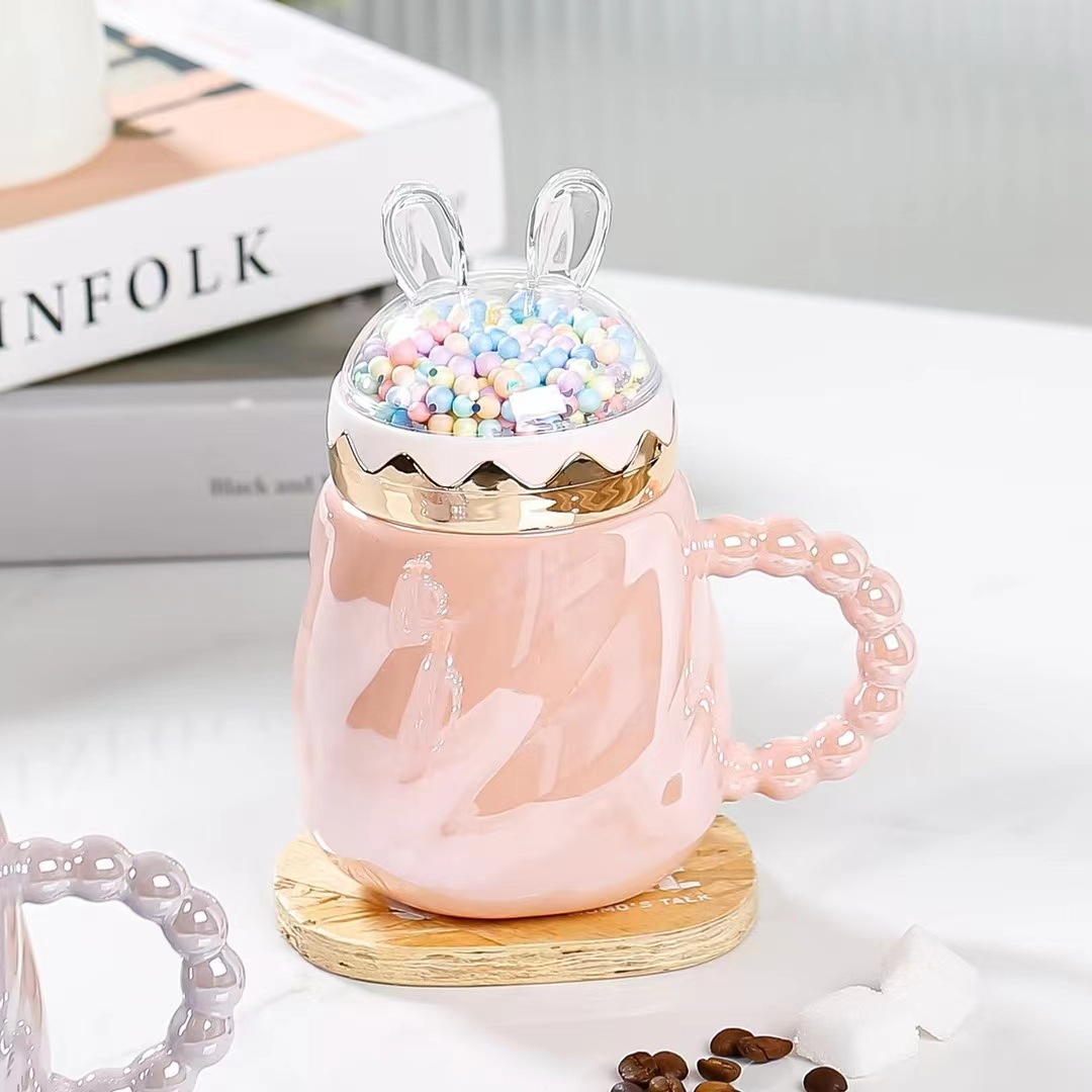 Estilo nórdico perla esmalte burbuja taza personalidad Orejas de conejo Internet celebridad chica corazón Oficina cerámica agua con mano regalo