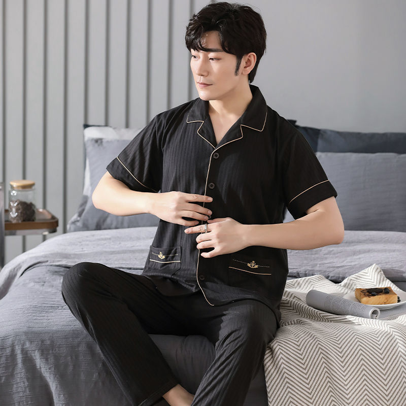 Pijamas de algodón de verano para hombres pantalones de manga corta cardigan delgado más tamaño mediano y joven traje homewear