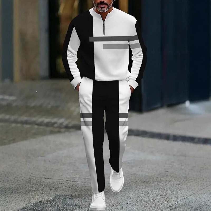 Men's Half-Zip Casual Sports Sweatshirt Set, Christmas-Themed Pattern Two-Piece Set, Custom-Made