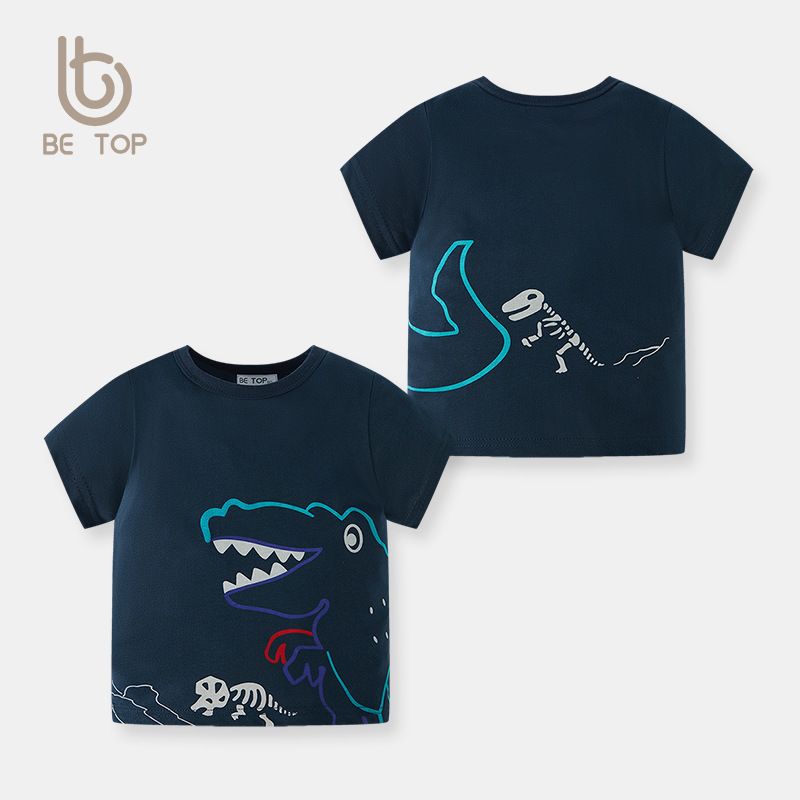 Estilo coreano sea Top Camiseta de manga corta para niños de dibujos animados de dinosaurio de algodón para niños de verano top de moda de una pieza de entrega