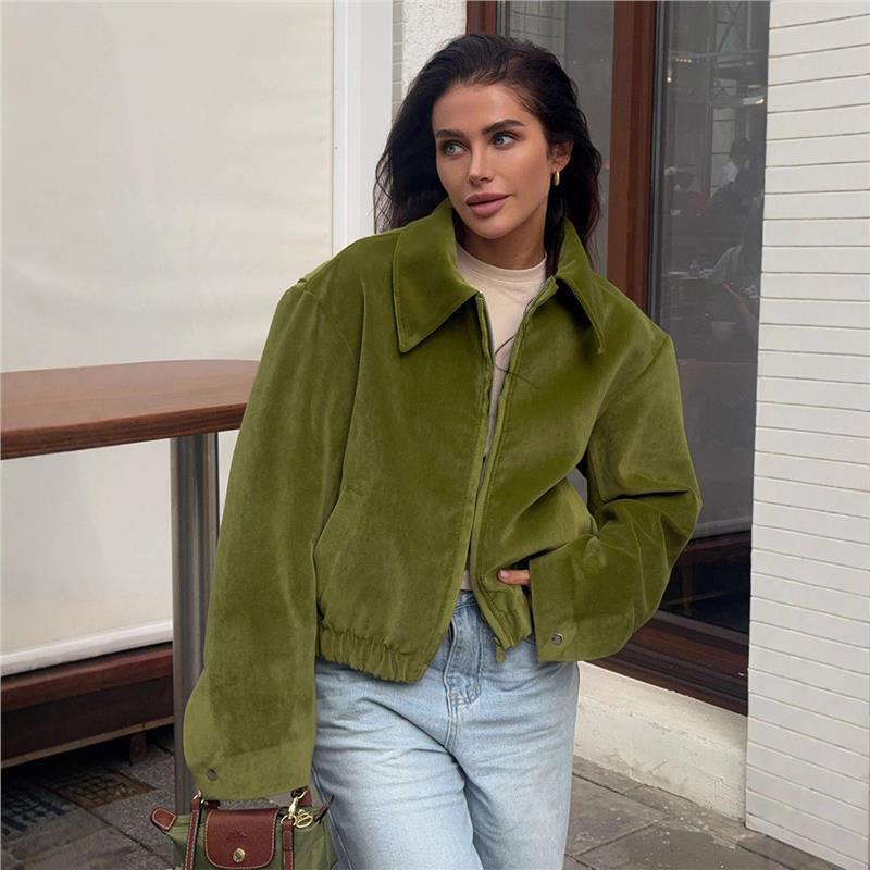 Cross-Border Retro Green Velvet Jacket for Women European and American 2025 Autumn and Winter New Loose Baseball Uniform Lapel Jacket