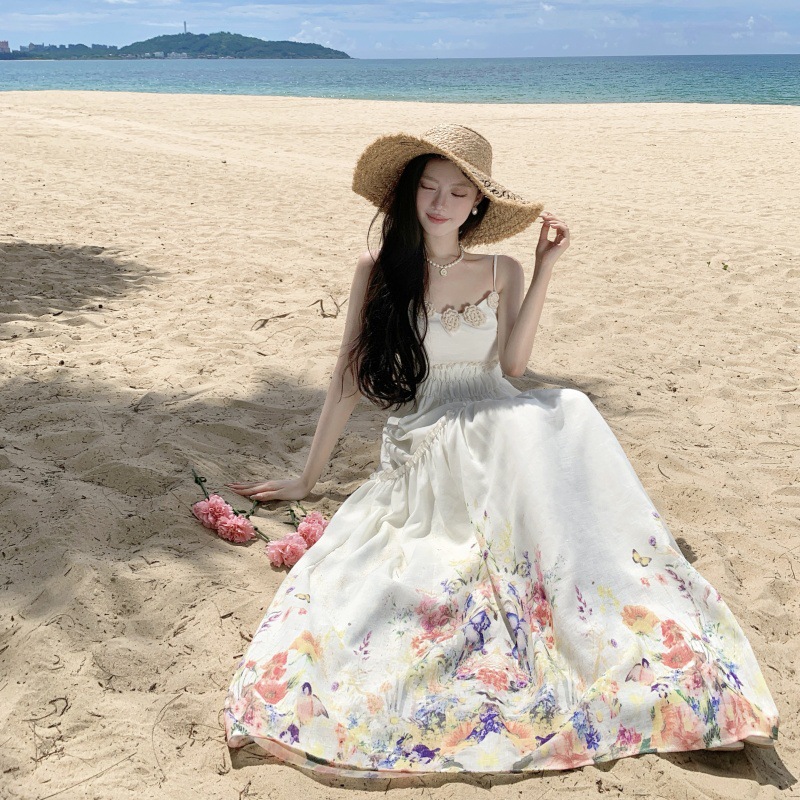 여성을위한 달콤한 스타일 입체 꽃 서스펜더 드레스 2025 여름 기질 인쇄 허리 슬리밍 휴가 해변 드레스