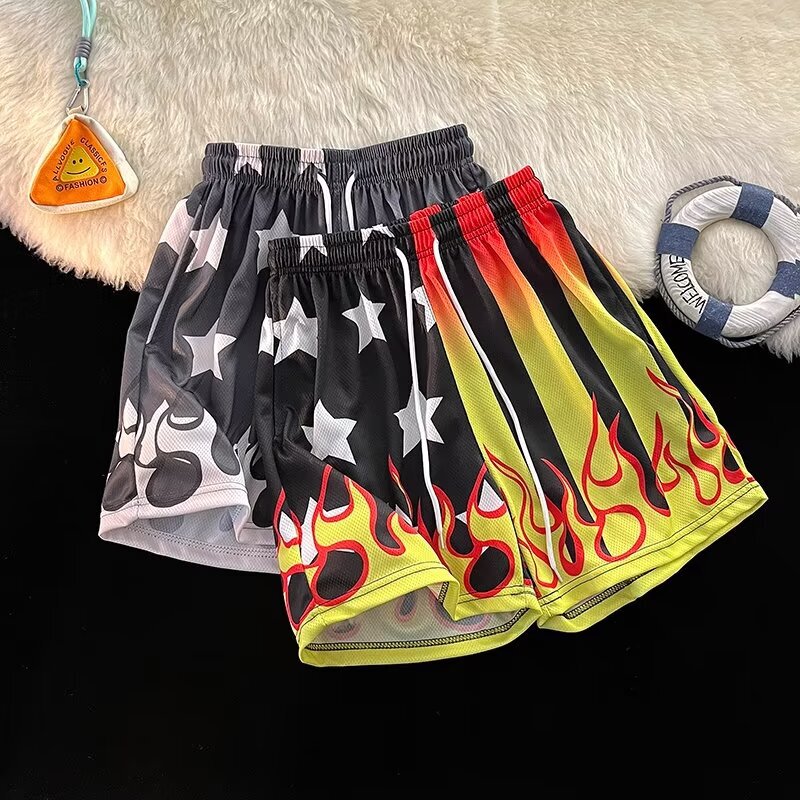 American Casual Shorts Flame Pattern Basketball Sports Fitness Running Beach Casual Breathable Men's Fitness Sports Pants