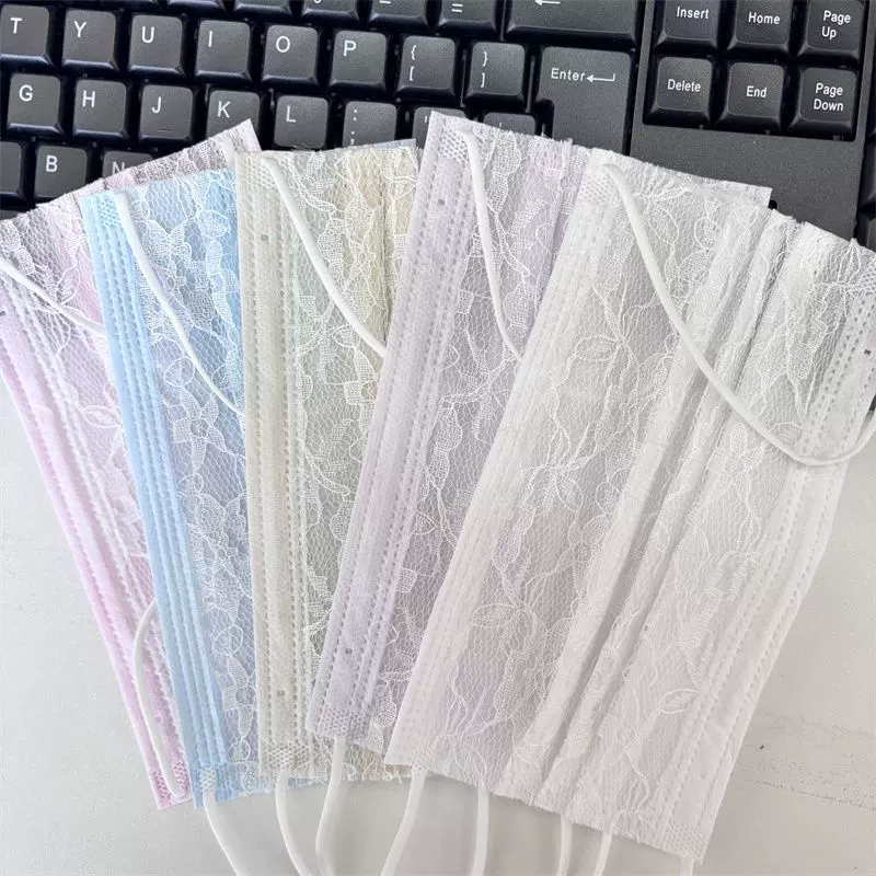 夏季一次性2层网纱薄款口罩1层网纱+2层布轻薄透气白色蕾丝高颜值