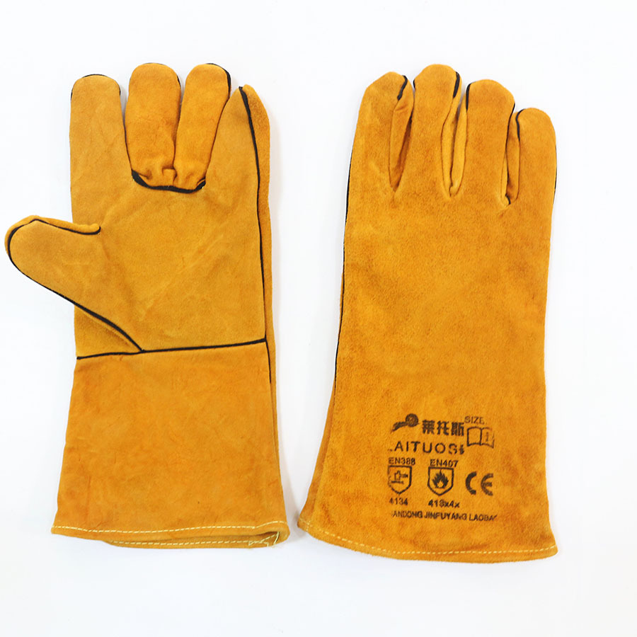 劳保皮手套电焊14寸手套耐磨耐高温双层焊工隔热工业牛皮防火线