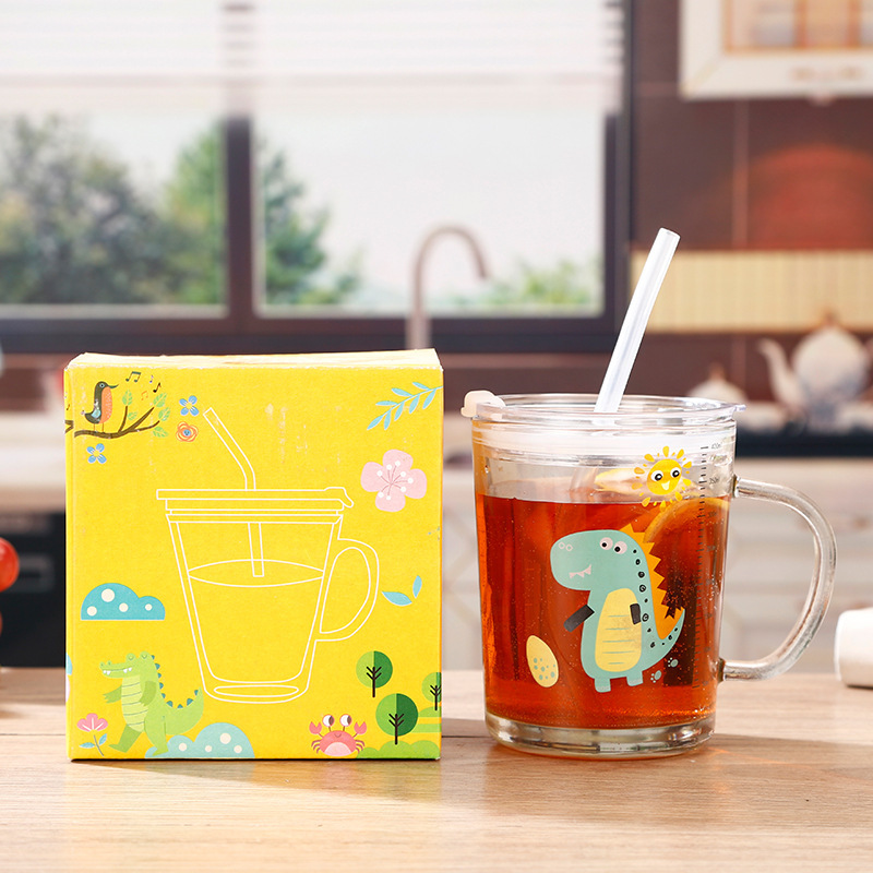 兒童玻璃杯ins 刻度杯帶把 果汁吸管杯家用 學生禮品牛奶杯批發