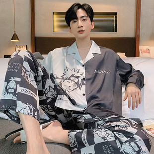2023 Spring Explosions Ice Silk Men's Pajamas Outwear Cardigan Lapel Home Wear Long Sleeve Suit for Men