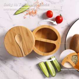 竹木双格厨房调料收纳盒旋转盖味精白糖储物盒实木圆形带勺盐味罐