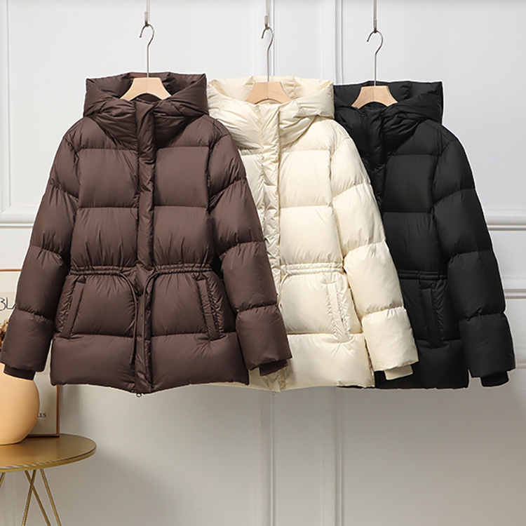 2025 Winter New Women's Mid-Length Thick down Jacket with Waist, White Duck Down, Hooded Puffer Coat, Trendy Mid-Length Style