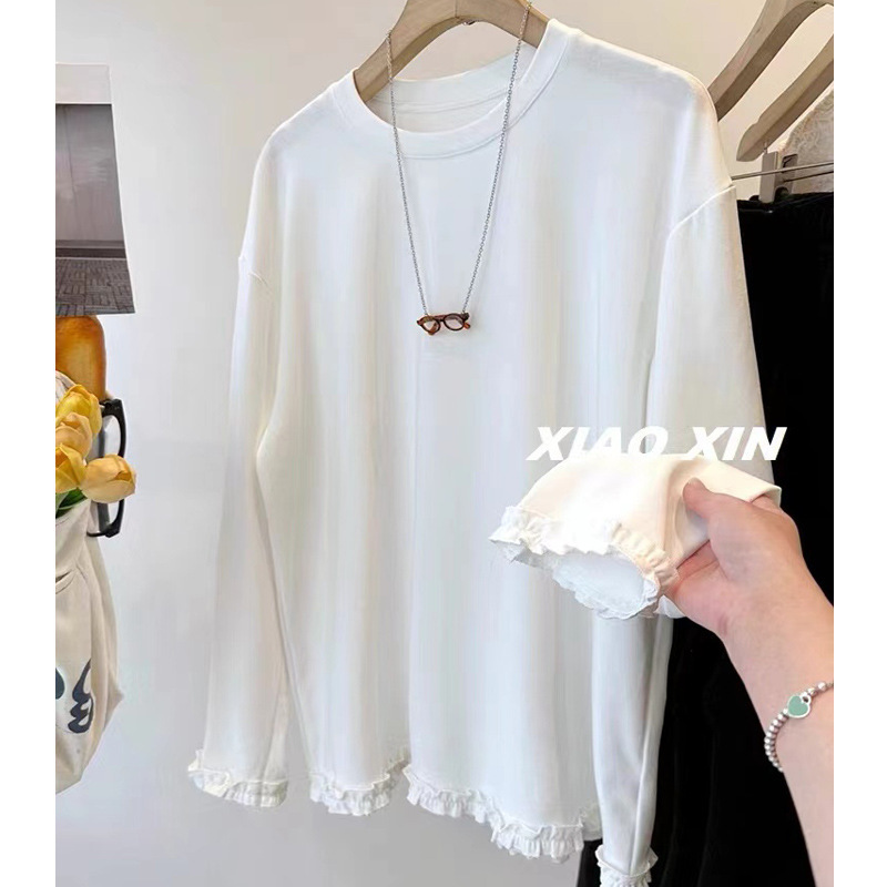 Cross-Border White Solid Color Plus Size 120kg Lace Trim Hem Round Neck Long Sleeve Brushed T-Shirt Women's Loose Base Shirt Cross-Border White Solid Color Plus Size 120kg Lace Trim Hem Round Neck Long Sleeve Brushed T-Shirt Women's Loose Base Shirt