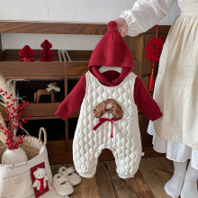 点兮冬季新款婴幼儿绗棉加绒小狗背带裤套装宝宝爬服打底衫两件套