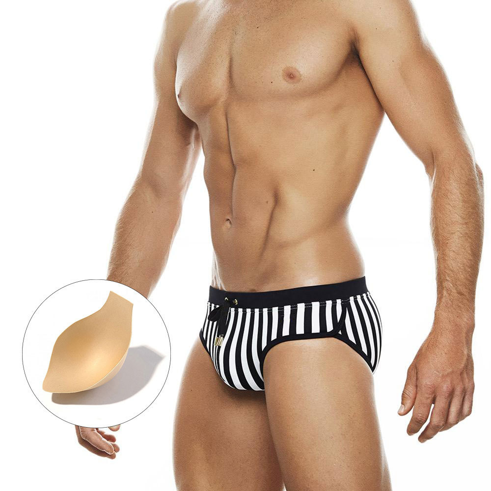 UXH European and American sexy black and white vertical stripes with cup triangle swimming trunks large three-dimensional close-fitting casual beach shorts