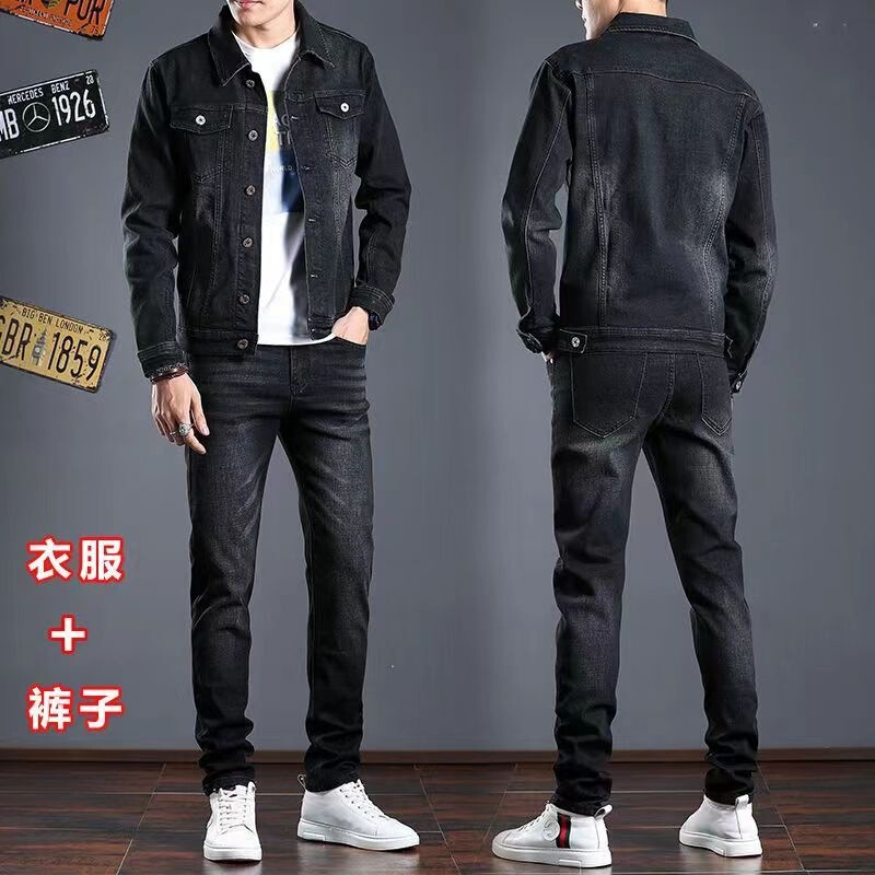 Spring and Autumn Denim Suit for Men, Korean Style Trendy Jacket, Classic Outerwear, Japanese Style Denim Clothing, Two-Piece Set